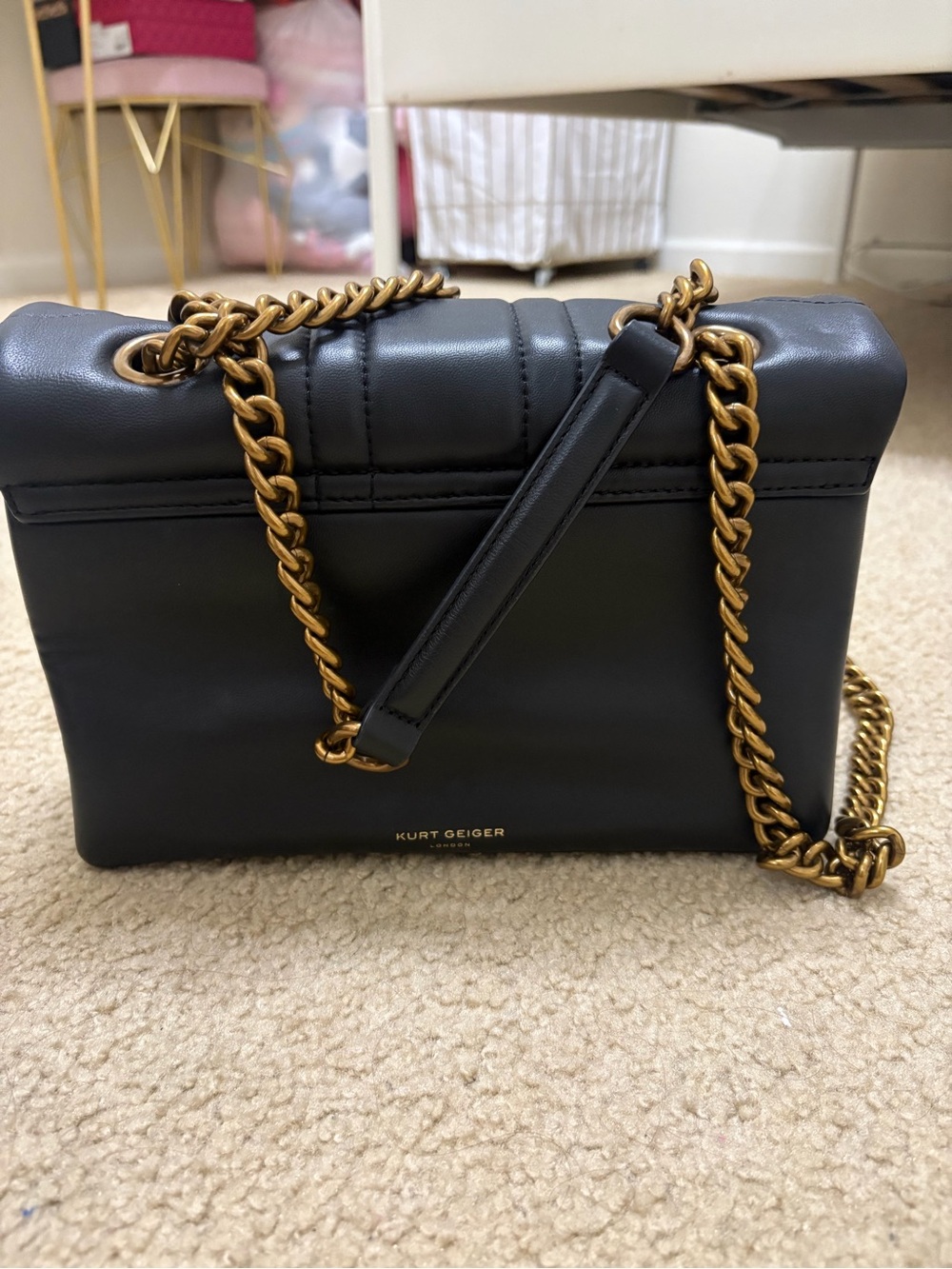 Kurt Geiger Dark Gray Quilted Chain Shoulder Bag with Gold Hardware - Picture 3 of 6